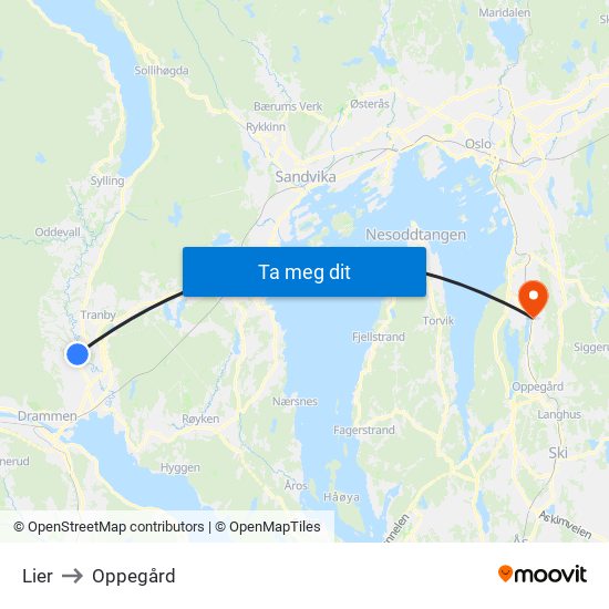 Lier to Oppegård map