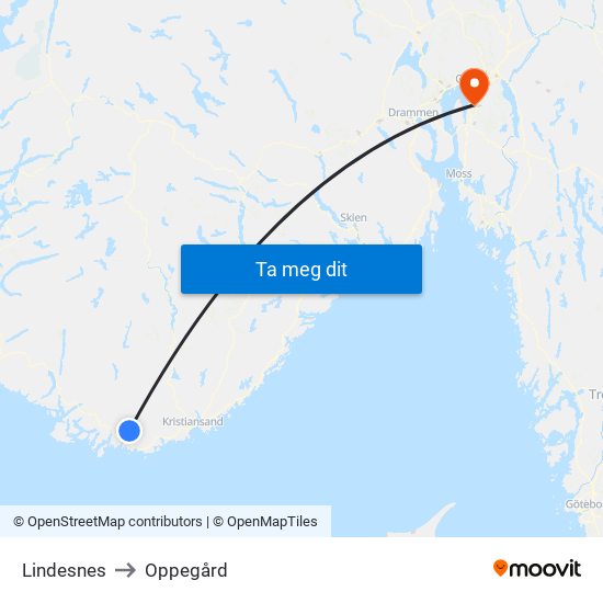 Lindesnes to Oppegård map