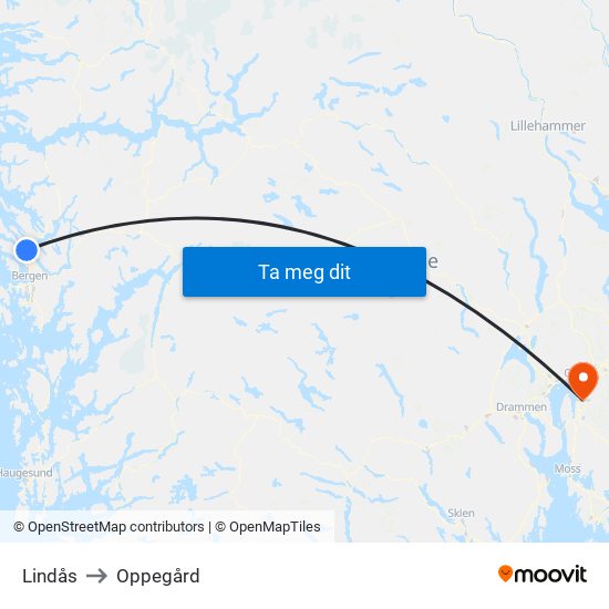 Lindås to Oppegård map