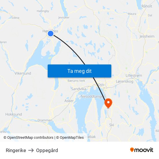 Ringerike to Oppegård map