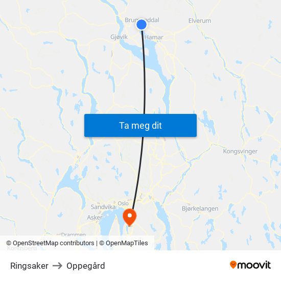 Ringsaker to Oppegård map
