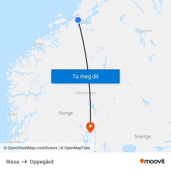Rissa to Oppegård map