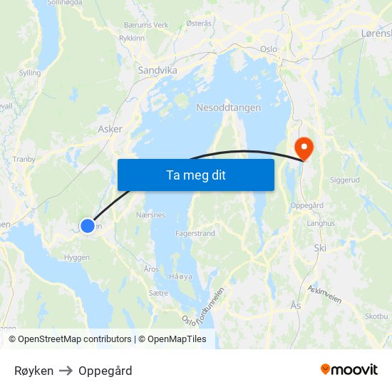 Røyken to Oppegård map