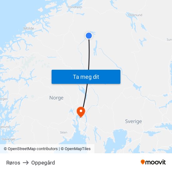 Røros to Oppegård map