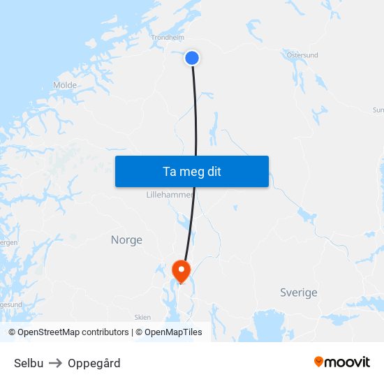Selbu to Oppegård map
