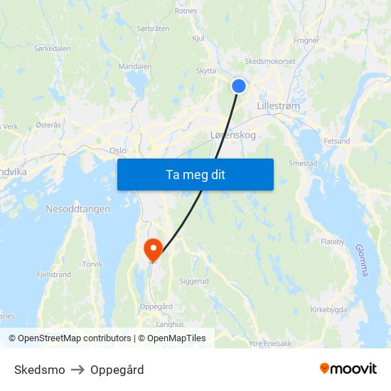 Skedsmo to Oppegård map