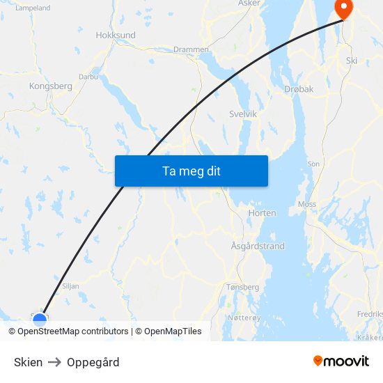 Skien to Oppegård map