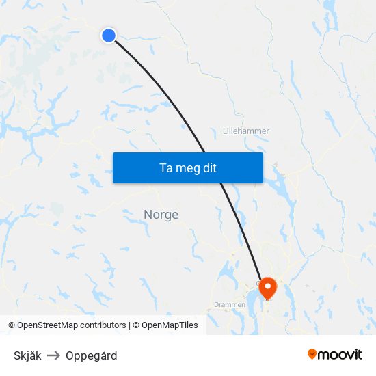 Skjåk to Oppegård map