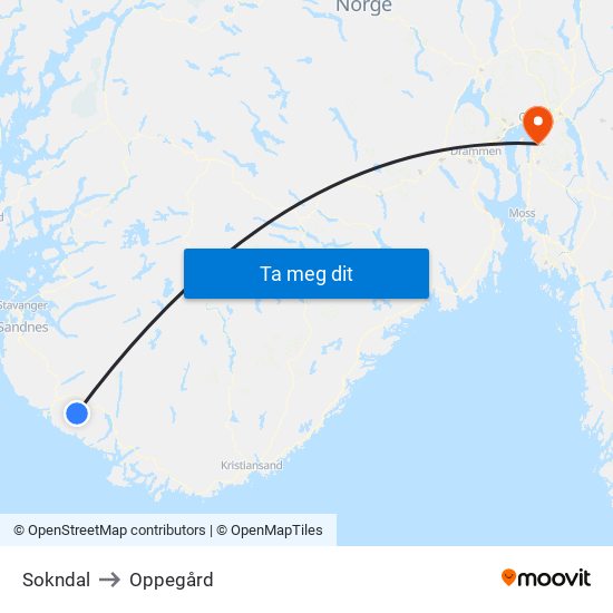 Sokndal to Oppegård map