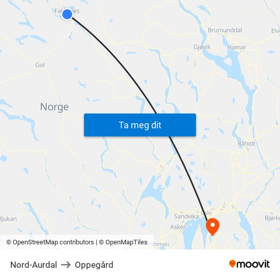 Nord-Aurdal to Oppegård map
