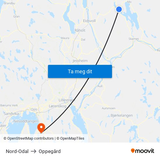 Nord-Odal to Oppegård map