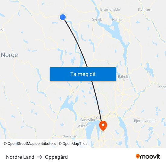 Nordre Land to Oppegård map