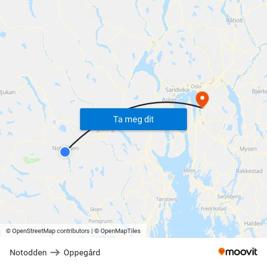 Notodden to Oppegård map