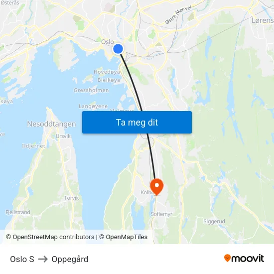 Oslo S to Oppegård map