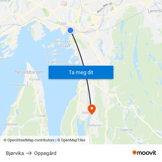 Bjørvika to Oppegård map