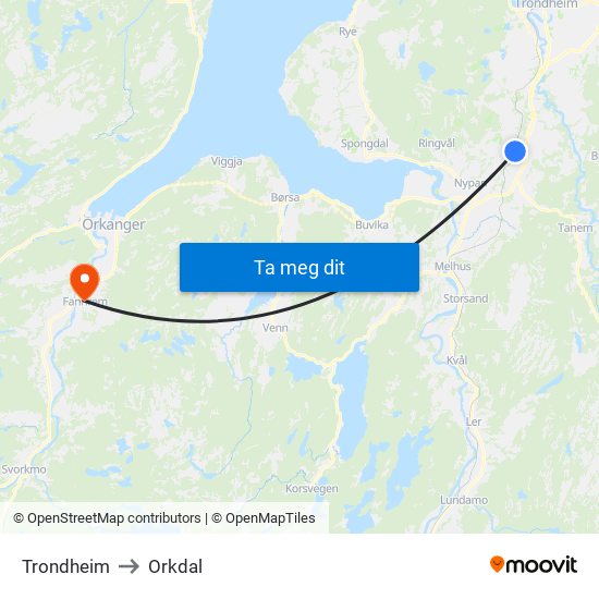 Trondheim to Orkdal map
