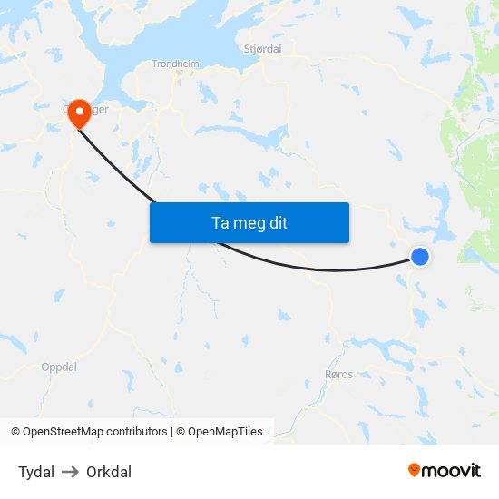 Tydal to Orkdal map