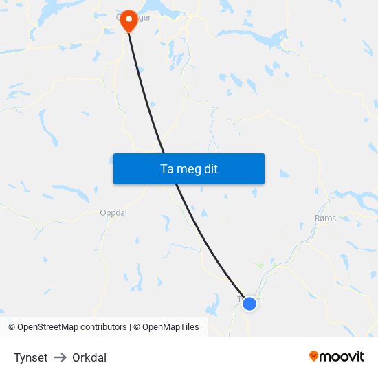 Tynset to Orkdal map