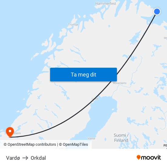 Vardø to Orkdal map