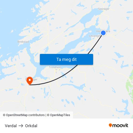 Verdal to Orkdal map