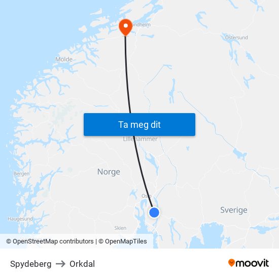 Spydeberg to Orkdal map