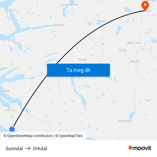 Sunndal to Orkdal map