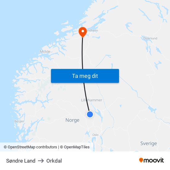 Søndre Land to Orkdal map