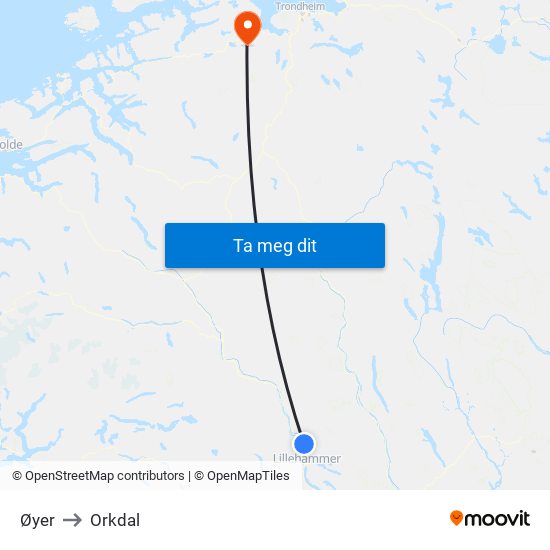 Øyer to Orkdal map
