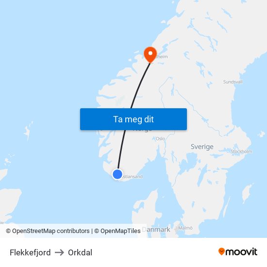 Flekkefjord to Orkdal map