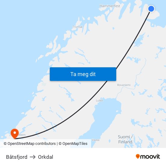 Båtsfjord to Orkdal map