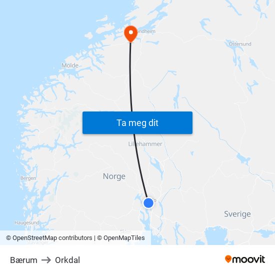 Bærum to Orkdal map