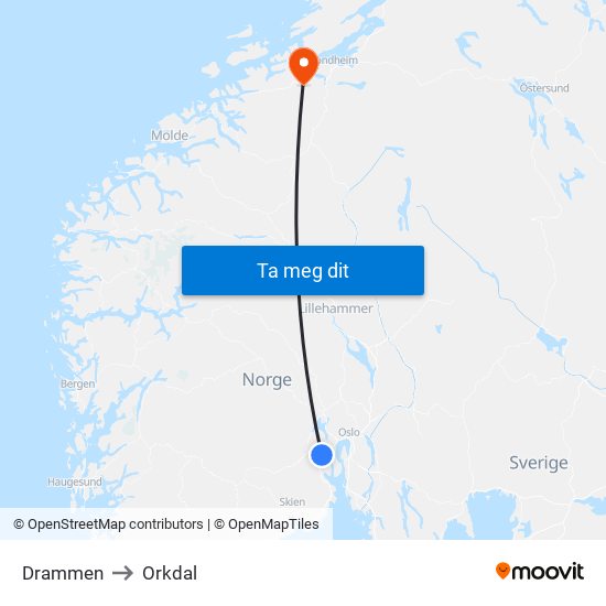 Drammen to Orkdal map
