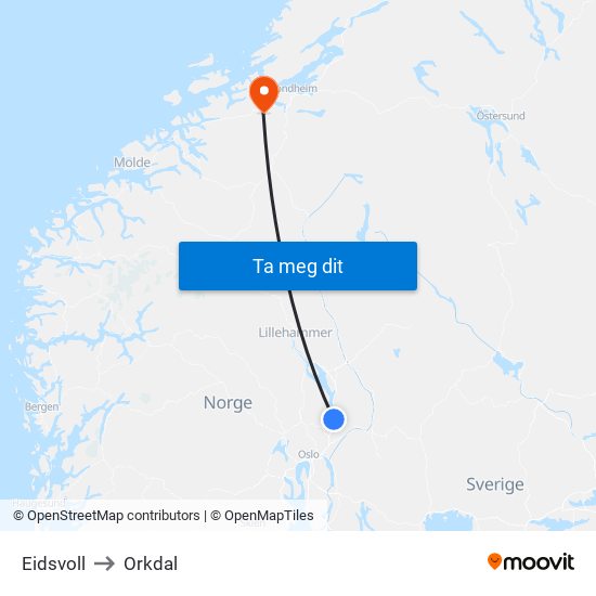 Eidsvoll to Orkdal map