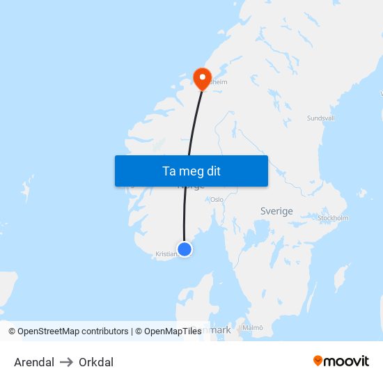 Arendal to Orkdal map