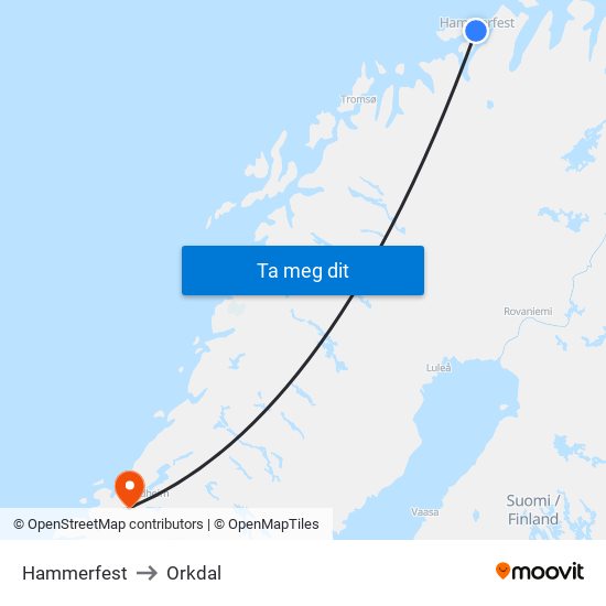 Hammerfest to Orkdal map