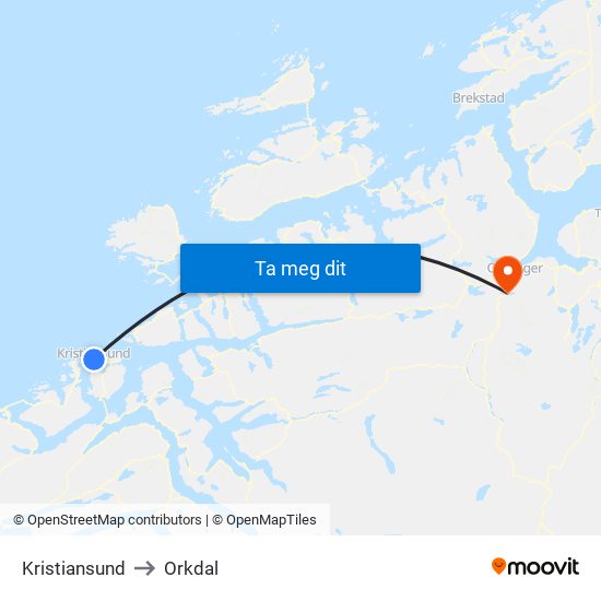 Kristiansund to Orkdal map