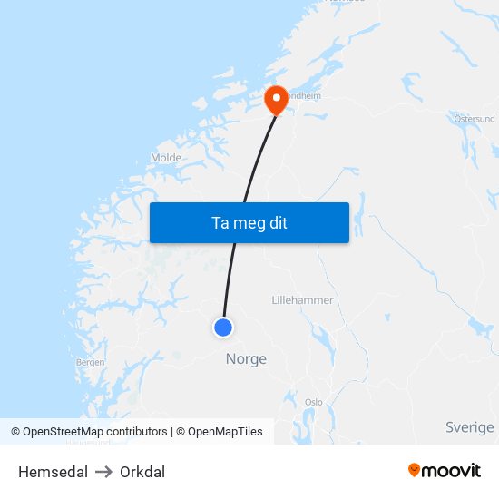 Hemsedal to Orkdal map