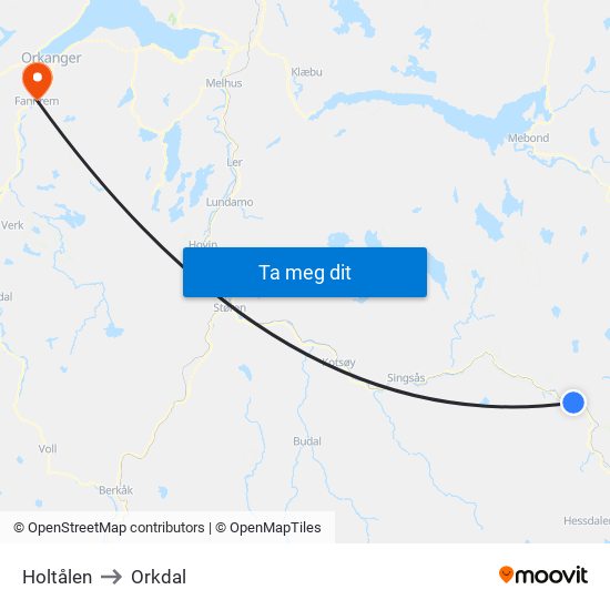 Holtålen to Orkdal map