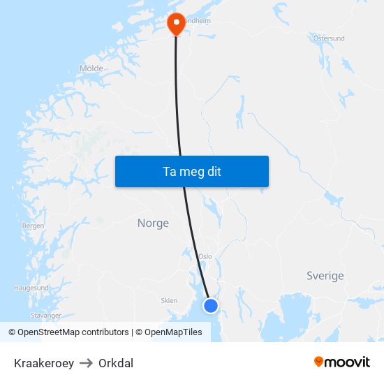 Kraakeroey to Orkdal map