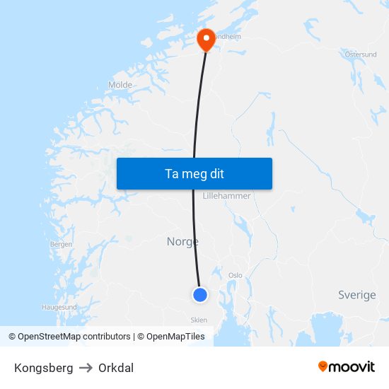 Kongsberg to Orkdal map