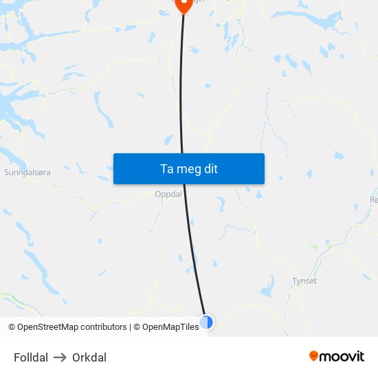 Folldal to Orkdal map