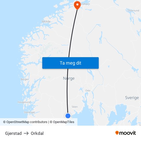 Gjerstad to Orkdal map