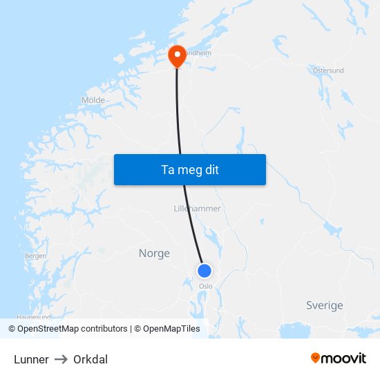 Lunner to Orkdal map