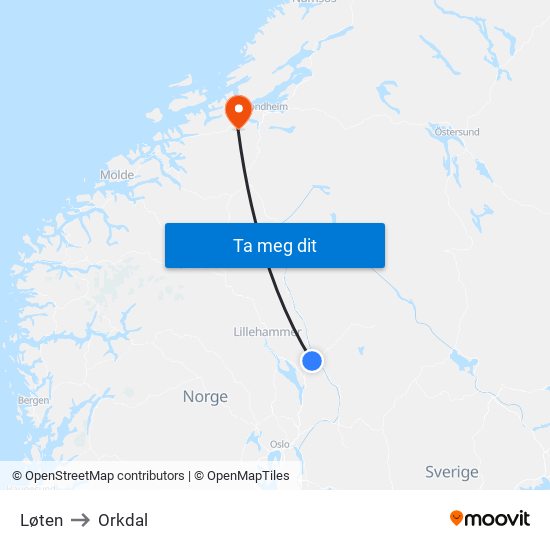 Løten to Orkdal map