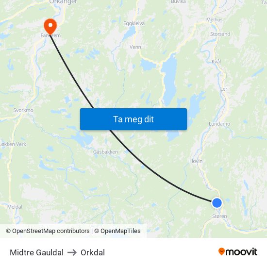 Midtre Gauldal to Orkdal map