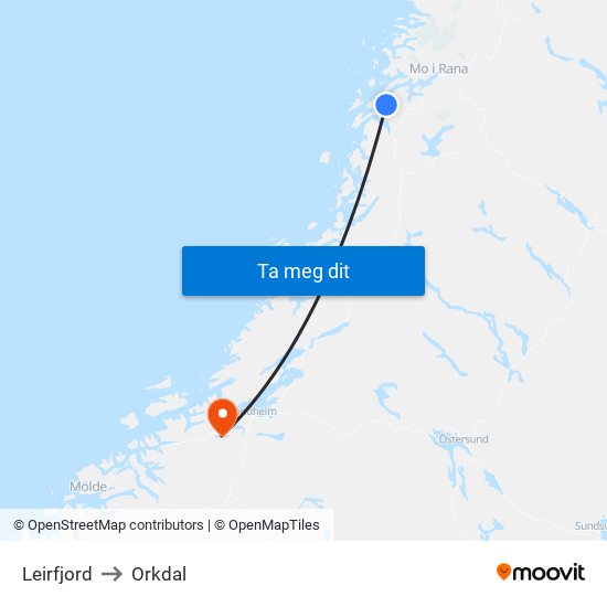 Leirfjord to Orkdal map