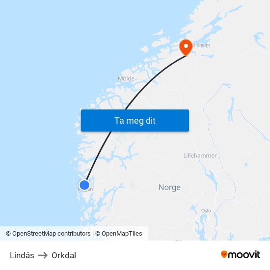 Lindås to Orkdal map