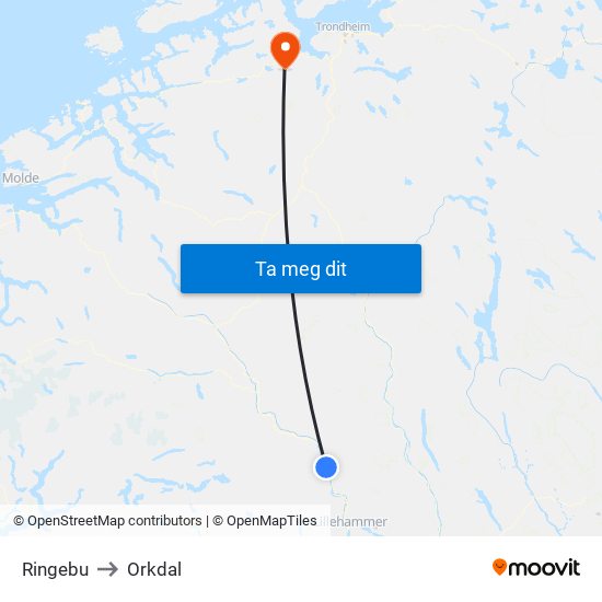 Ringebu to Orkdal map