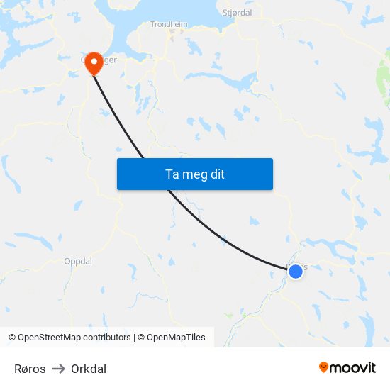 Røros to Orkdal map