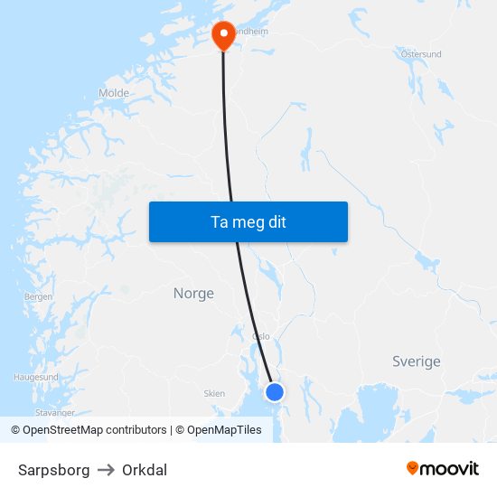 Sarpsborg to Orkdal map